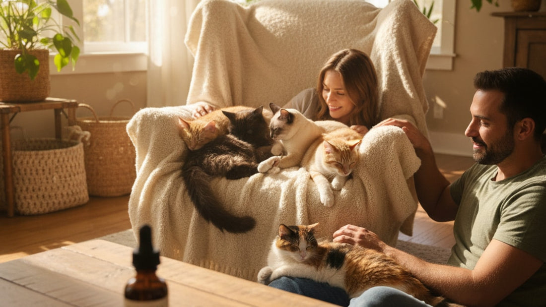multi-cat household tension and cbd - Professional illustration
